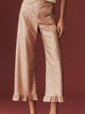 The Colette Crop Metallic Faux Leather Ruffle-Hem Pants by Maeve 30 Tall